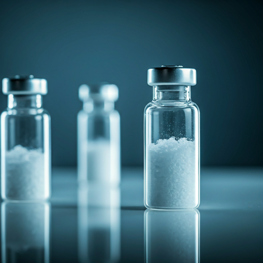 Minimalist close-up of high-purity synthesized peptide samples in small sterile glass vials with lyophilized powder, featuring crisp details, reflective surfaces, and bright cool laboratory lighting