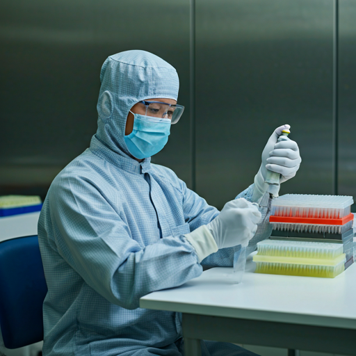 Technician in a cleanroom using a multi-channel pipette